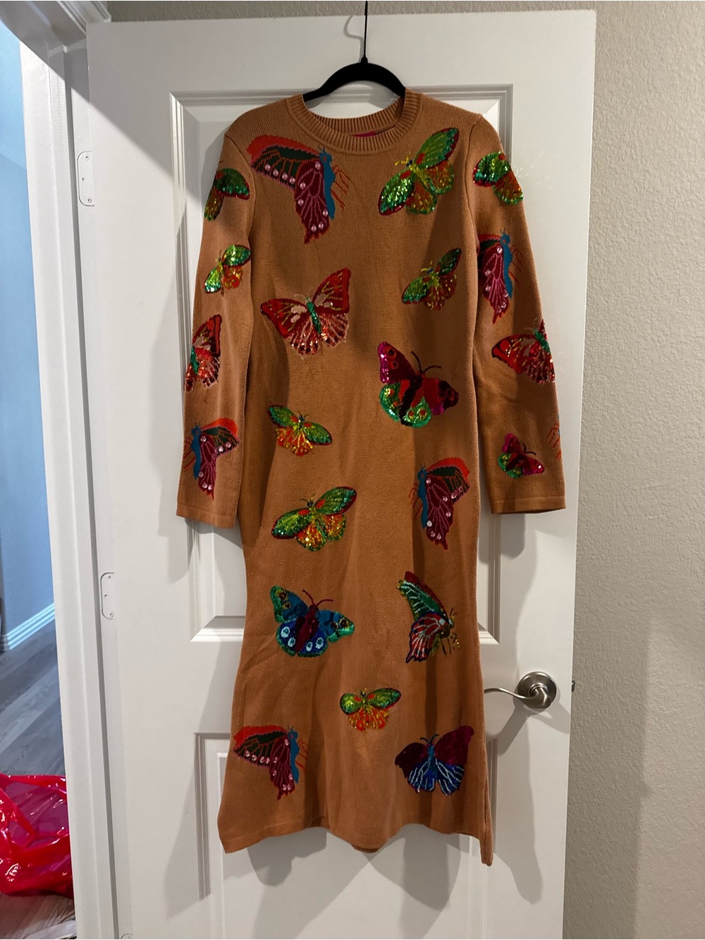 QUEEN OF SPARKLES Tan Butterfly Sequin Long Sleeve Dress - Picture 3 of 5